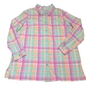 NWOT Blair Womens Large Pastel Plaid Flannel Shirt 100% Cotton Pink Green